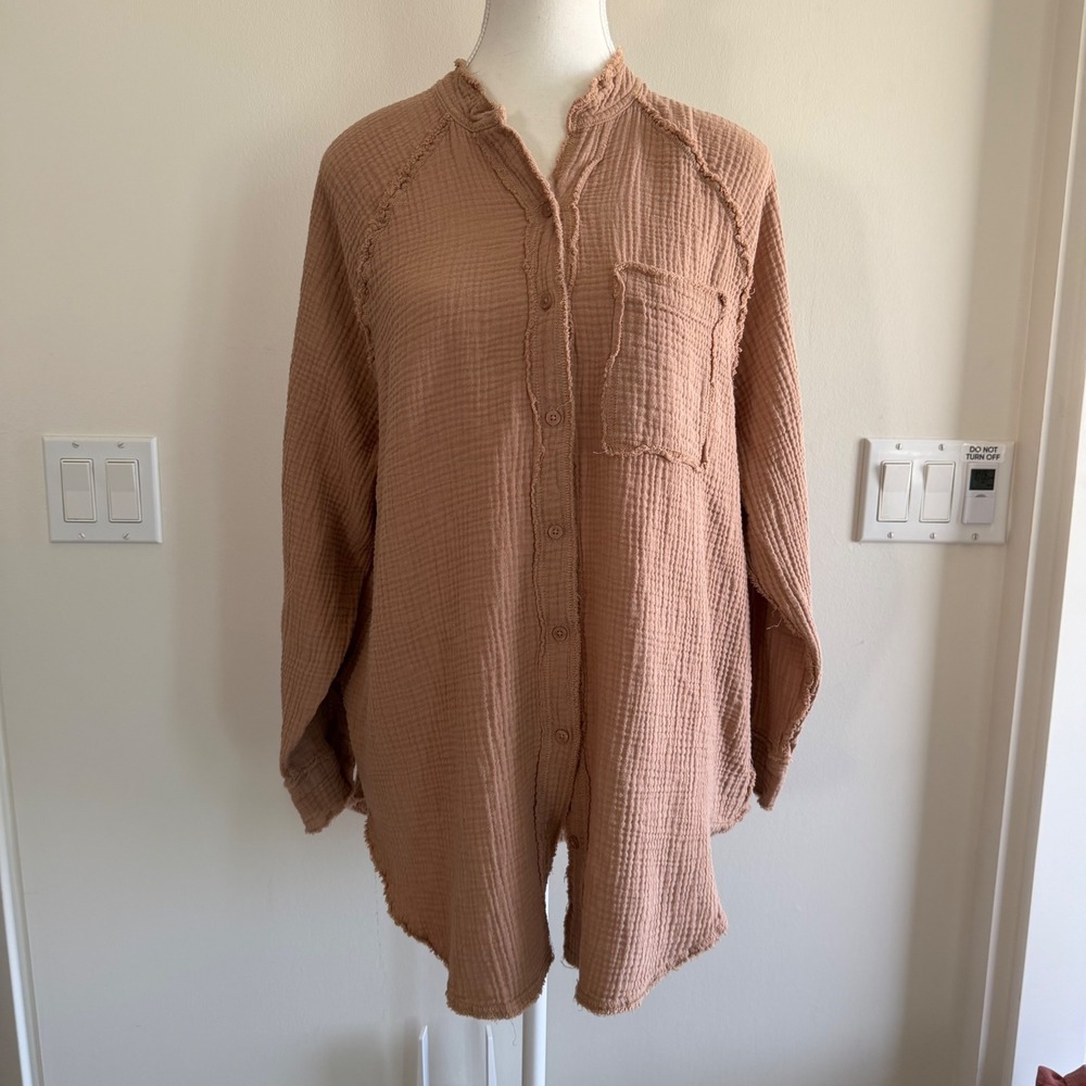 Aerie Double Gauze Button Down Shirt Brown Womens Small Boho Oversized